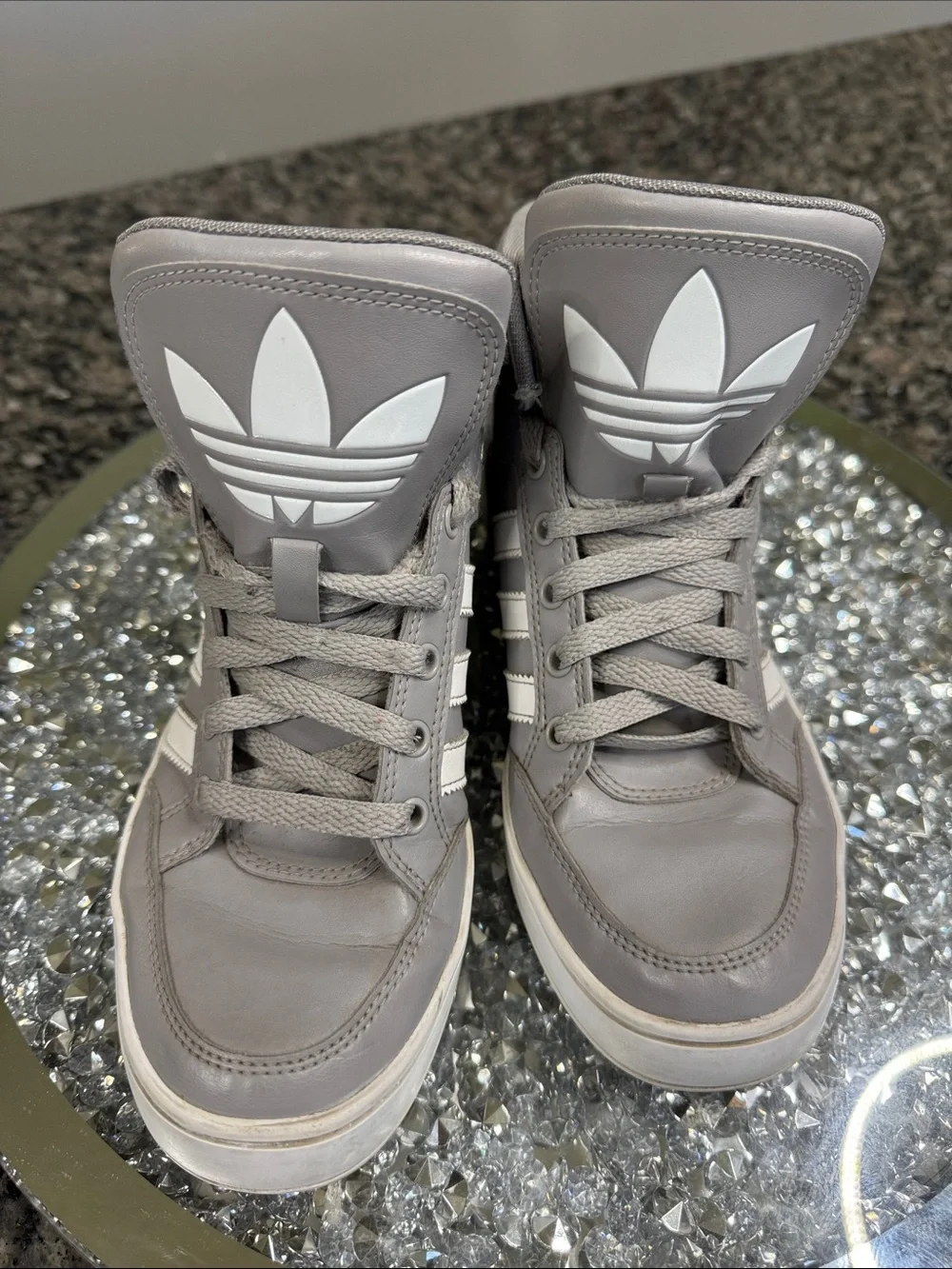 adidas Gray and White high Top Sneakers with Trefoil Logo EUC